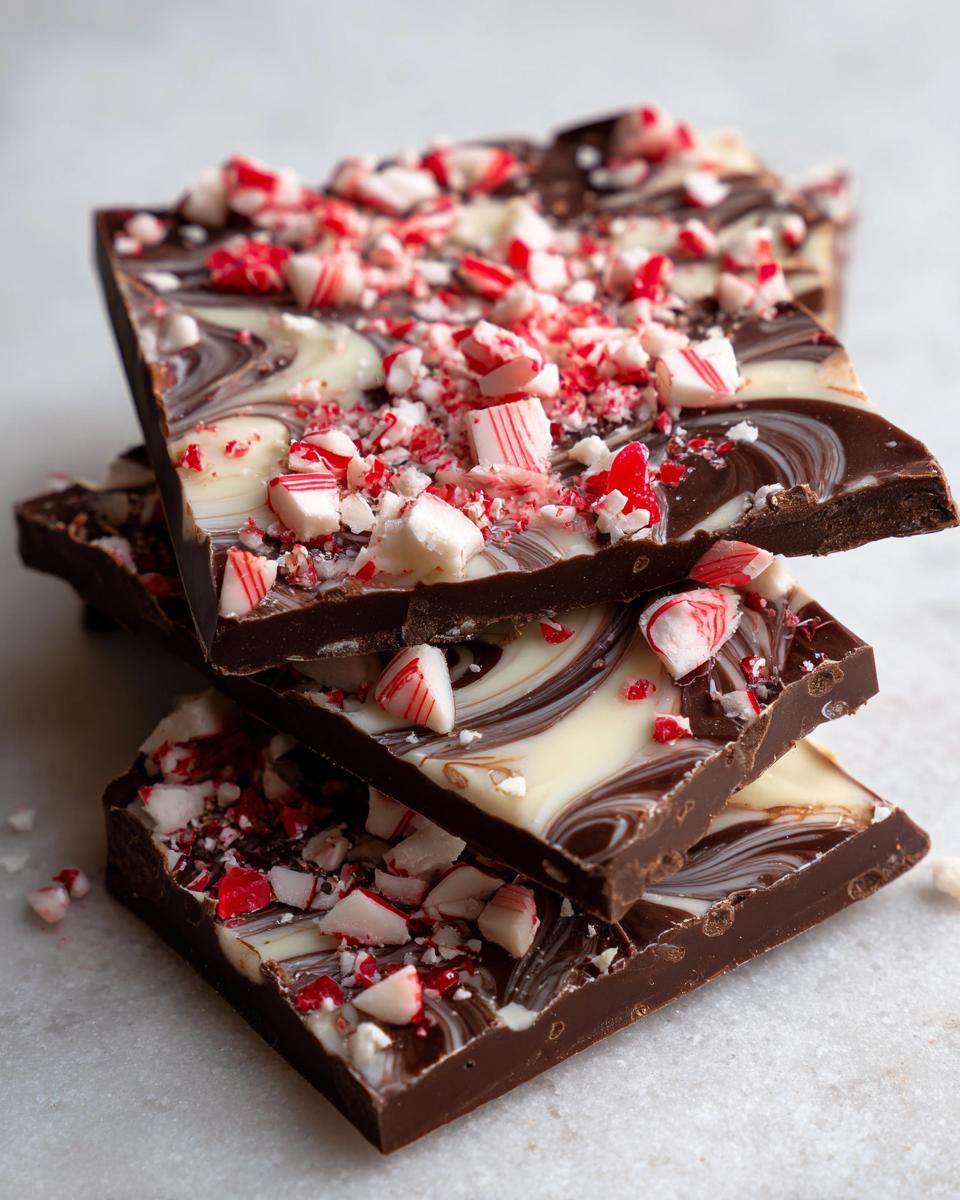 A stack of Peppermint Mocha Chocolate Bark pieces, featuring swirls of dark and white chocolate and crushed peppermint candies.