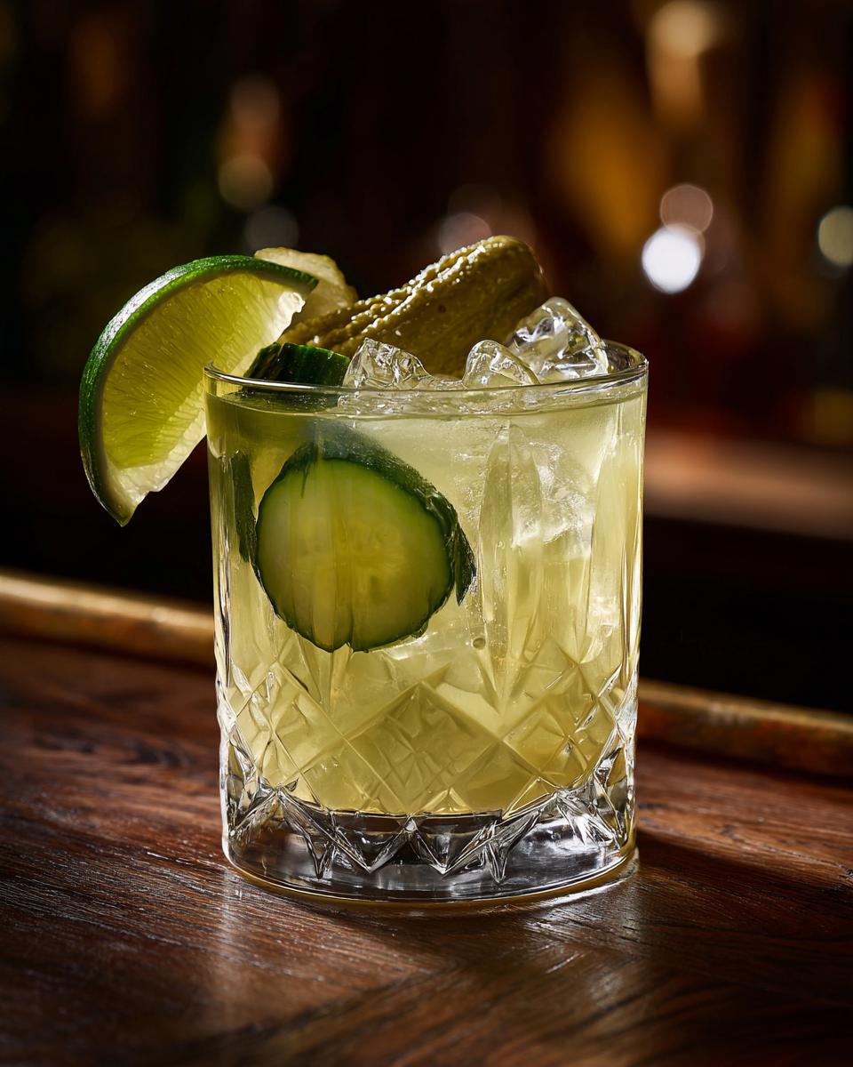 A vibrant pickle margarita in a glass with ice, garnished with a lime wedge, cucumber slice, and a pickle.