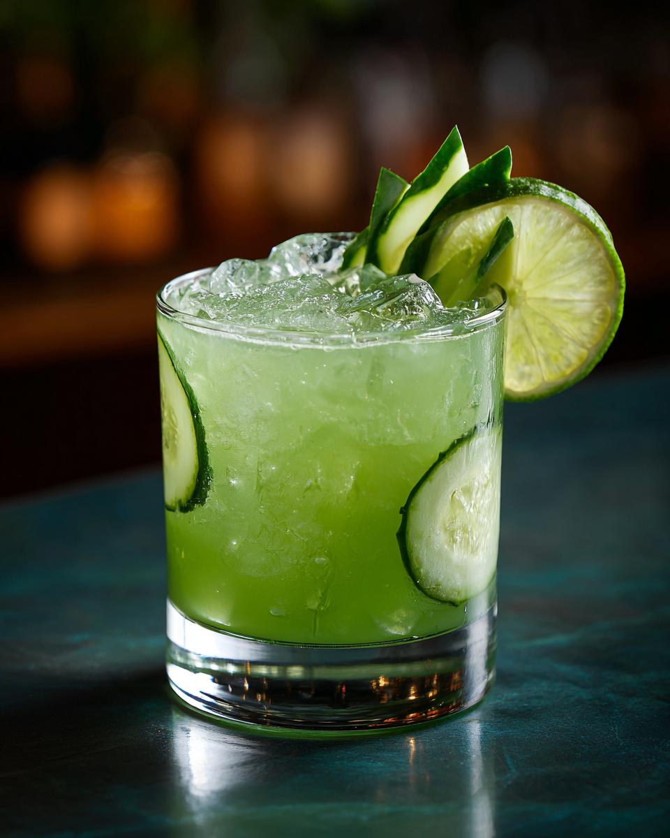 A vibrant pickle margarita in a glass with ice, cucumber slices, and a lime wedge garnish.