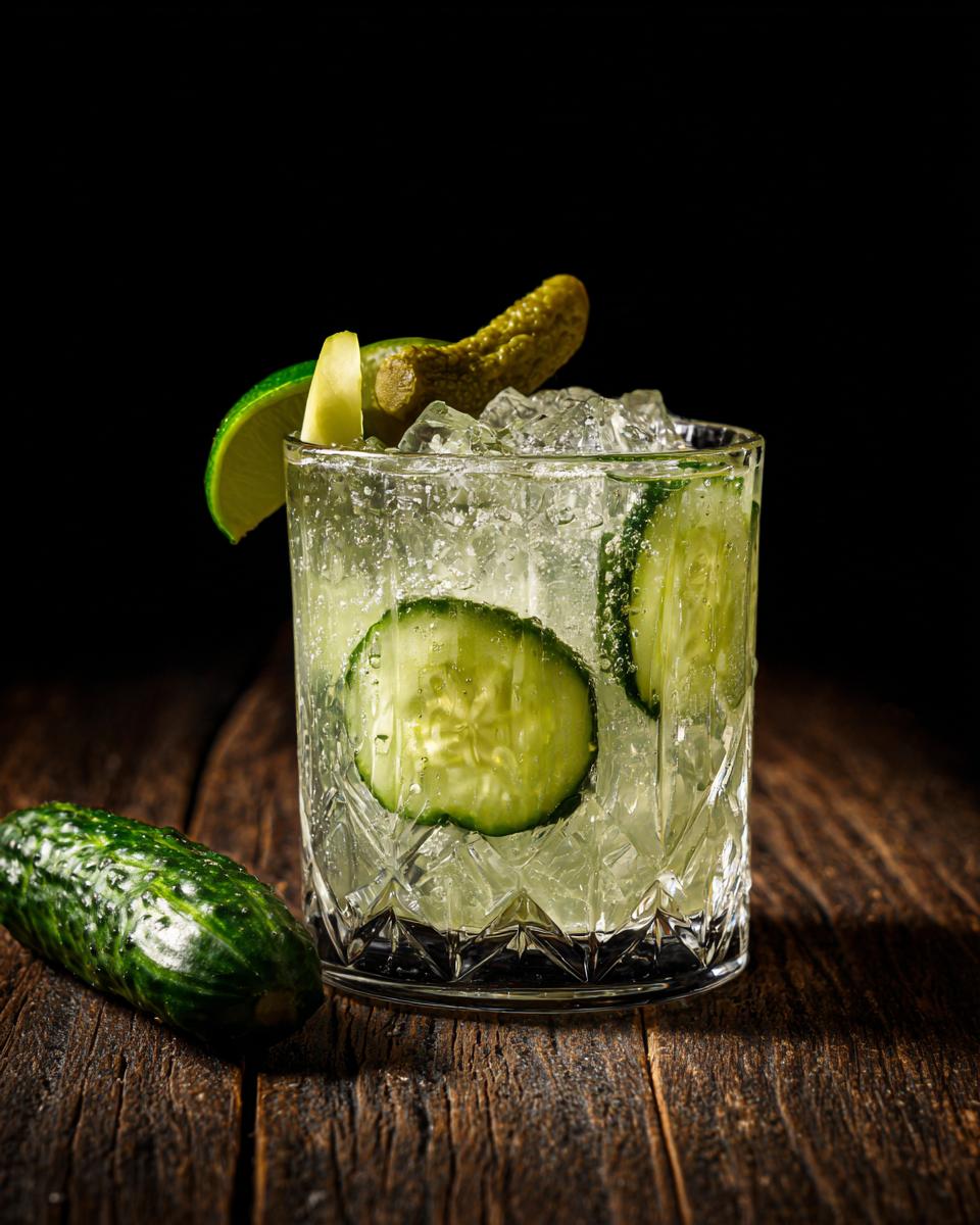 A cool pickle margarita in a glass with ice, cucumber slices, lime, and a pickle garnish.