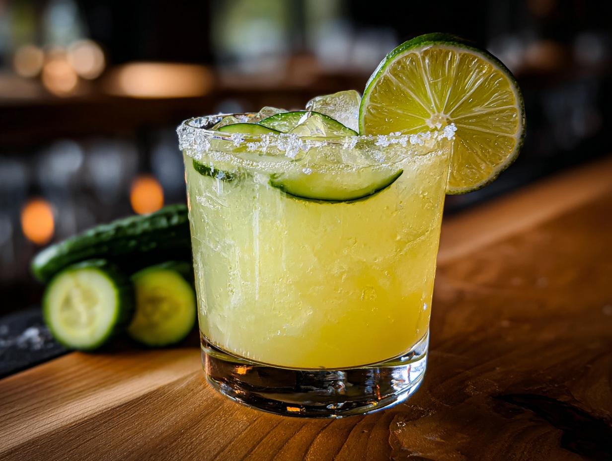 A vibrant pickle margarita with a salted rim, cucumber slices, and a lime wedge garnish.