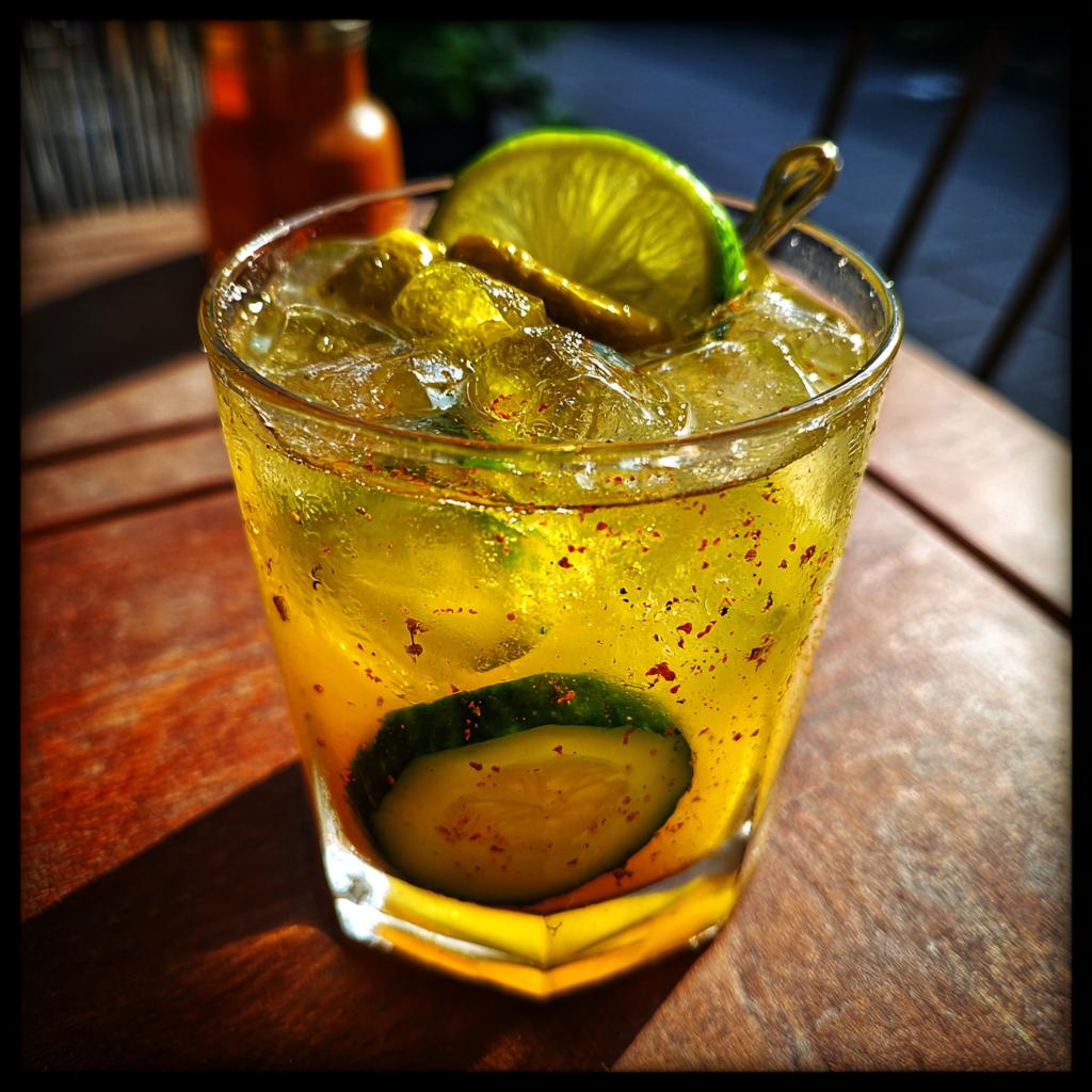 A vibrant pickle margarita with ice, lime, and cucumber slices in a glass on a wooden table.