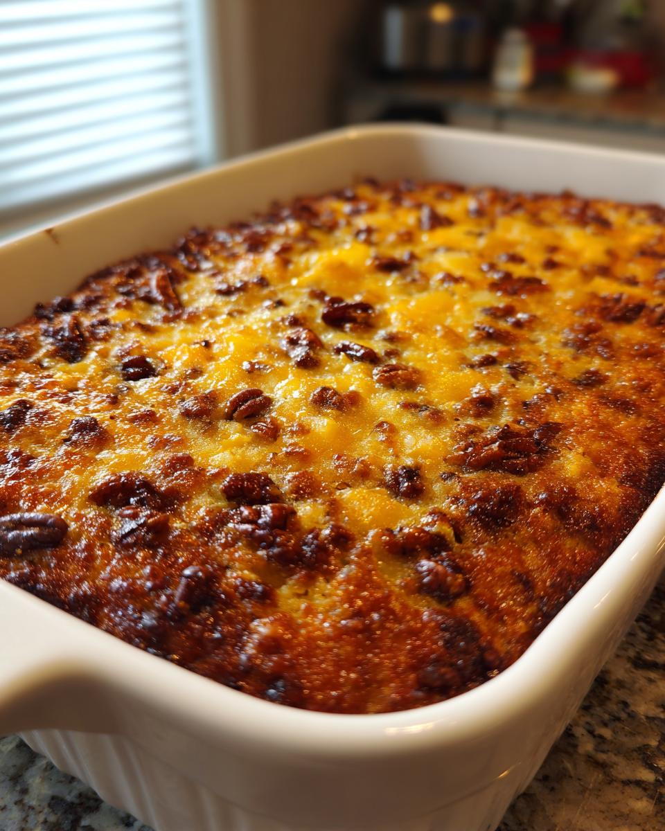A freshly baked pineapple casserole in a white baking dish, topped with pecans.