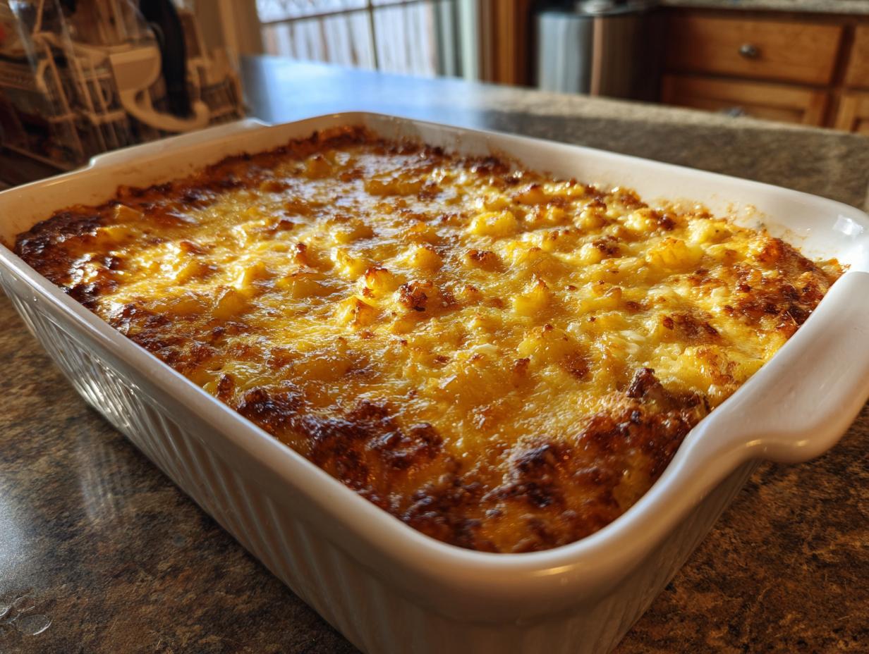 Golden brown pineapple casserole in a white baking dish, ready to serve. Delicious and easy pineapple casserole recipe.