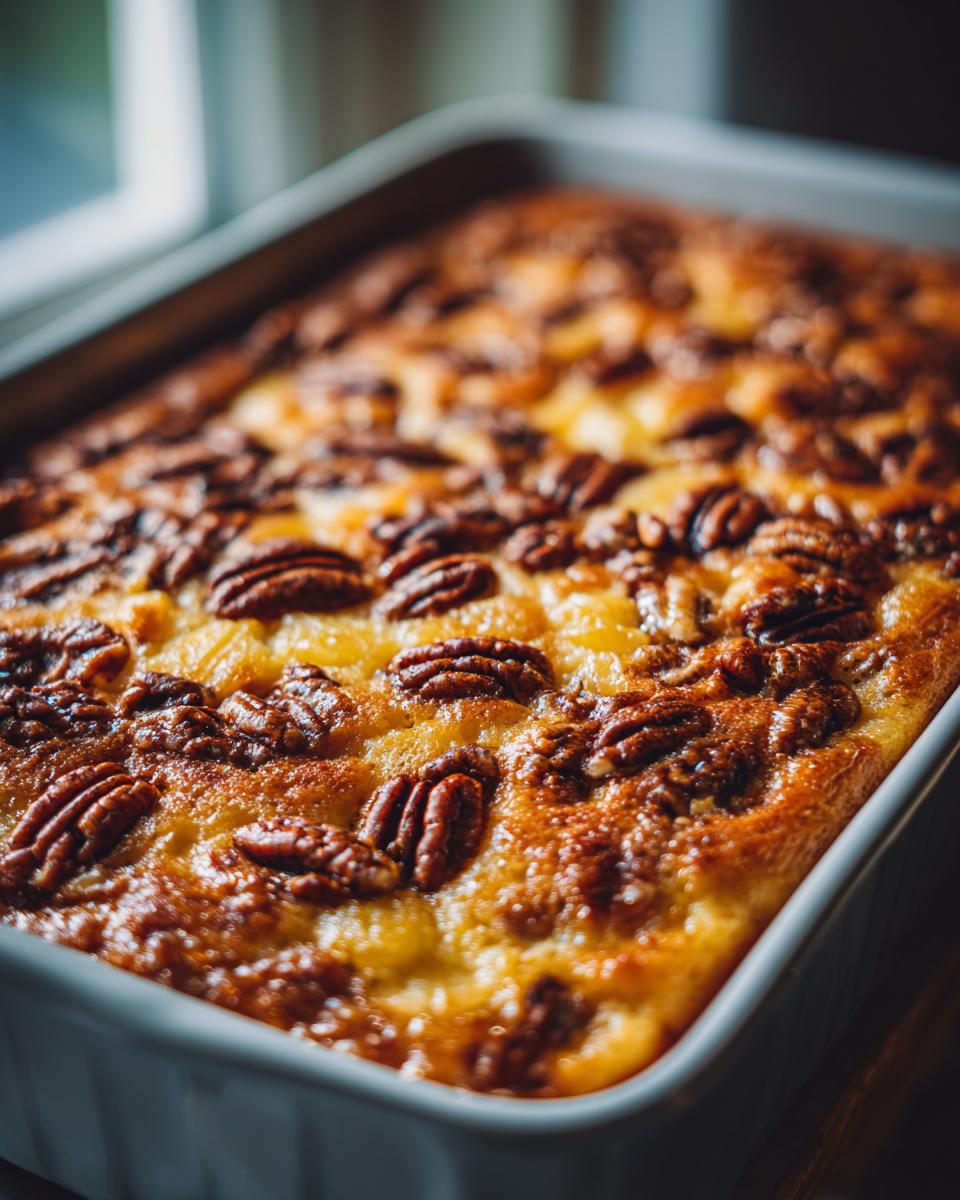 Close-up of a baked pineapple casserole in a dish, topped with pecans. Golden brown and ready to serve.