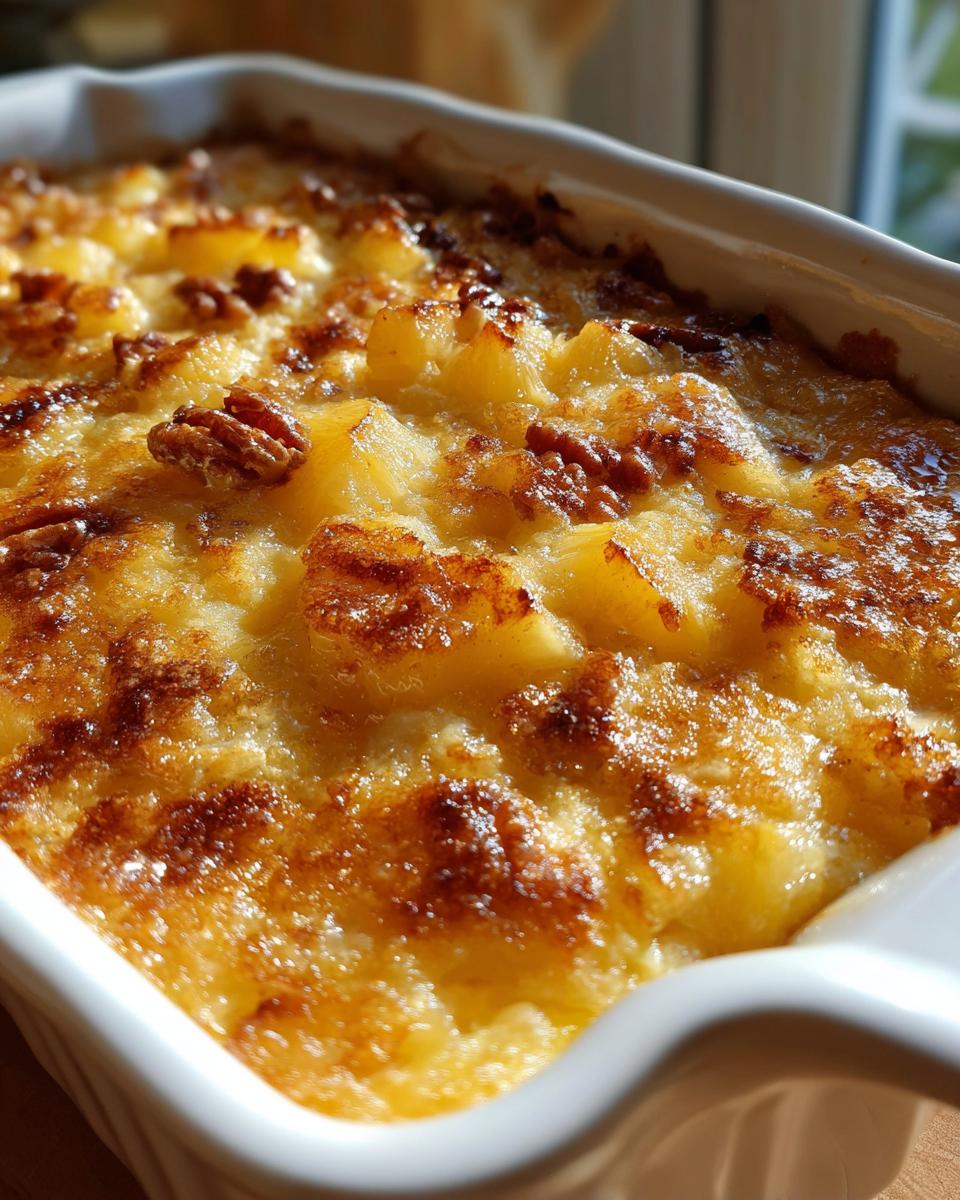 Close-up of a golden brown pineapple casserole in a white baking dish, topped with pecans.