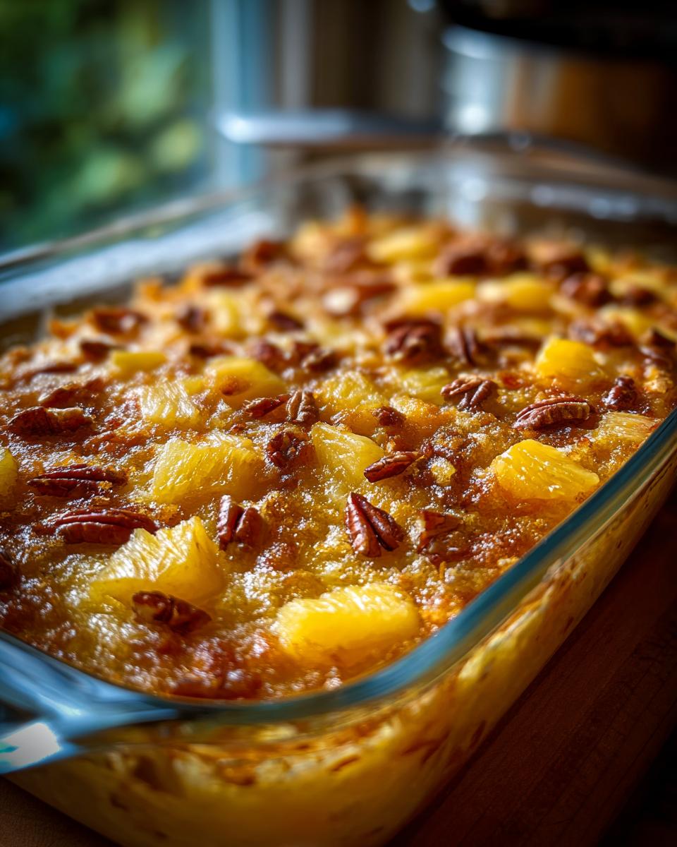 Close-up of a baked pineapple casserole in a glass dish, topped with pineapple chunks and pecans.