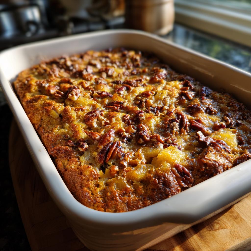 Freshly baked pineapple casserole in a baking dish, topped with golden pecans.