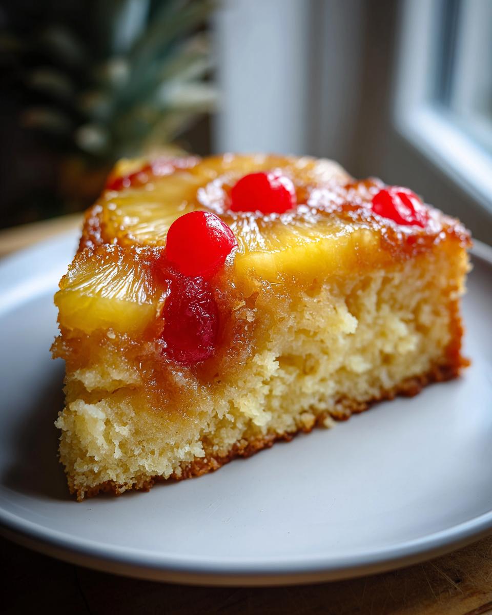 A slice of pineapple recipe cake, topped with caramelized pineapple rings and maraschino cherries, served on a plate.