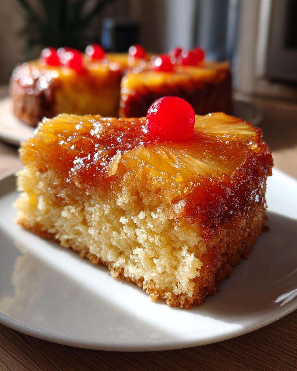 A slice of pineapple recipe cake topped with a cherry, showcasing the caramelized pineapple and soft cake layers.