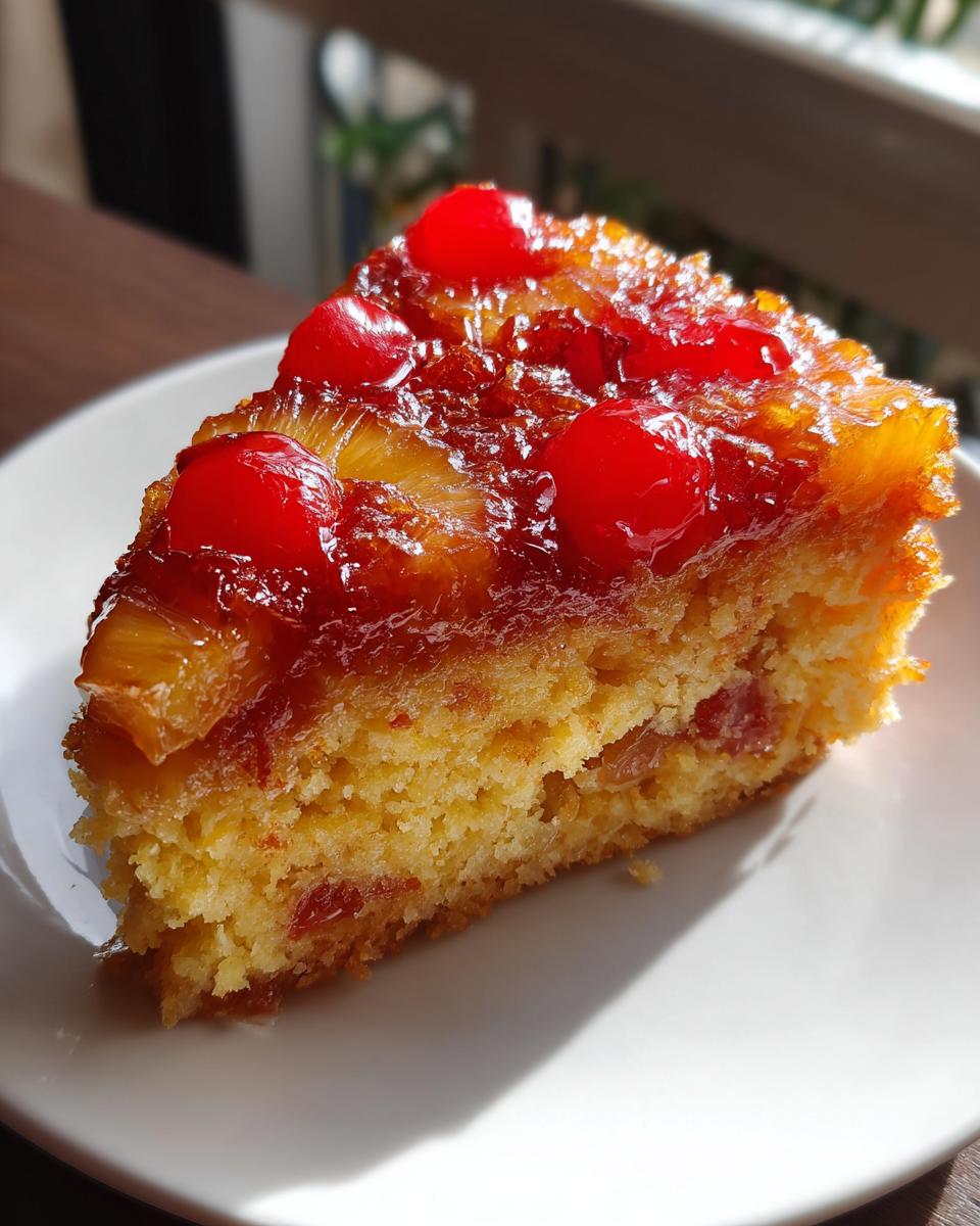 A slice of pineapple recipe cake topped with caramelized pineapple and cherries on a white plate.