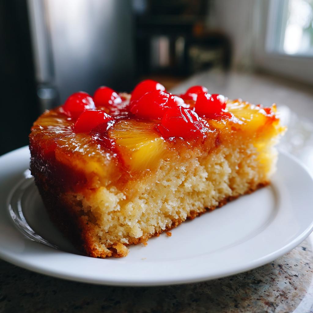 A slice of pineapple recipe cake topped with pineapple and cherries on a white plate.