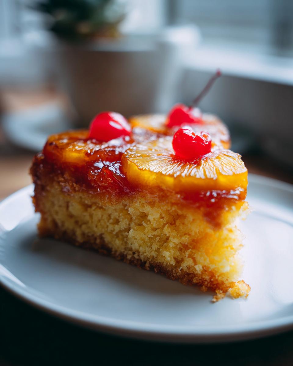 A slice of pineapple upside-down cake with pineapple rings and cherries, showcasing a delicious pineapple recipe.