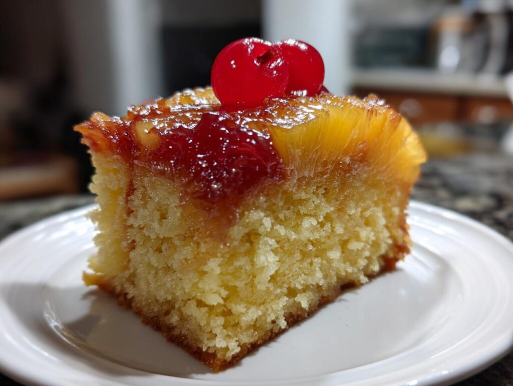 A slice of pineapple recipe upside-down cake topped with cherries on a white plate.