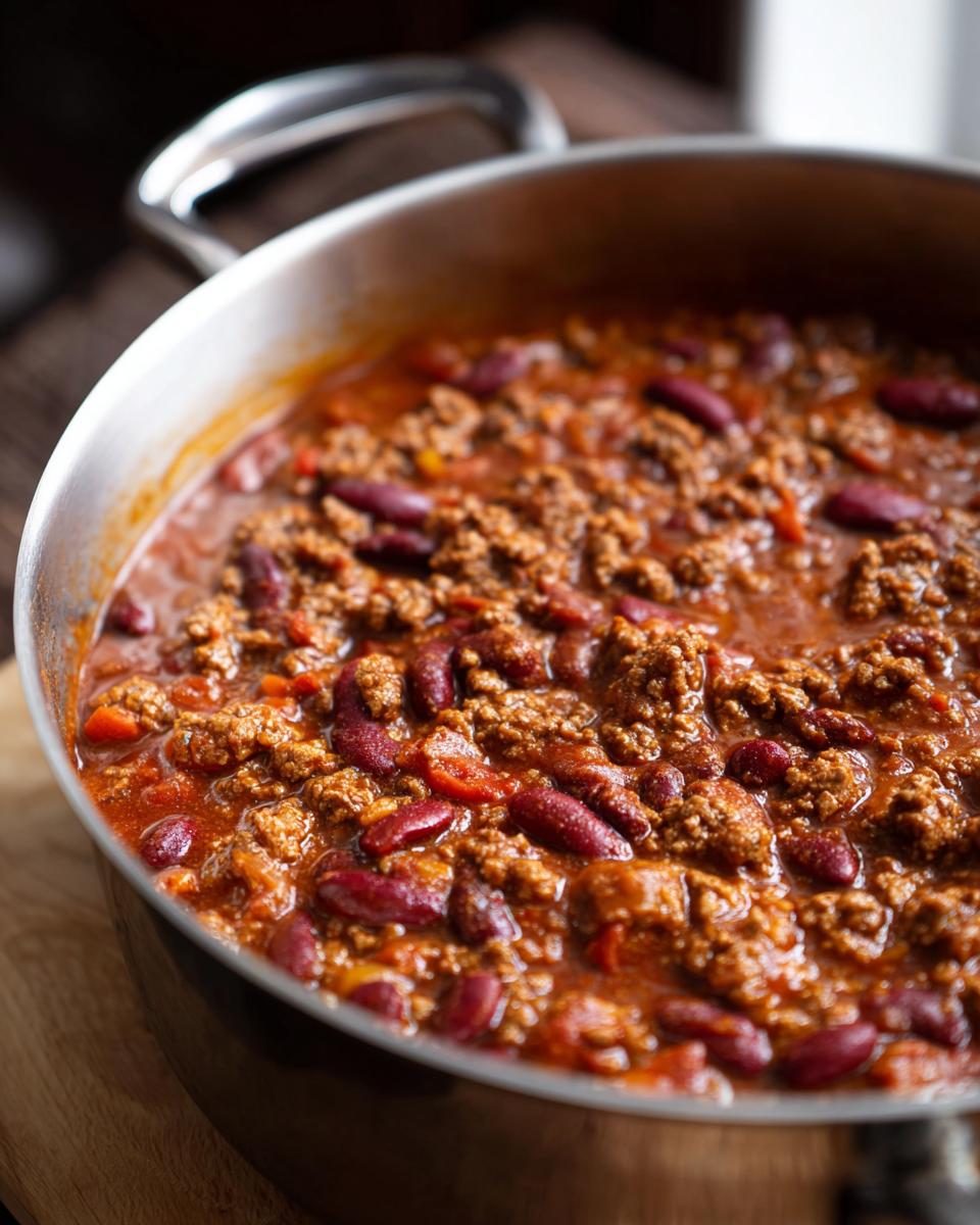 A pot of chili, showcasing one of our favorite easy meals, with ground beef and kidney beans.