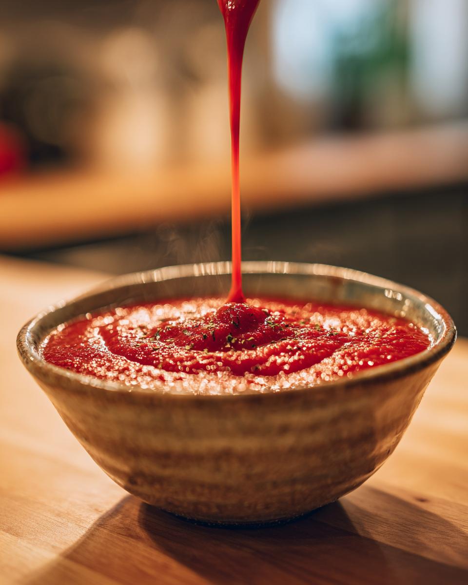 Marinara sauce being poured into a bowl, steam rising, showcasing its rich color and texture.