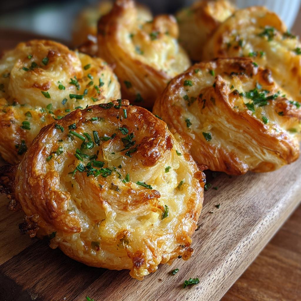 Golden brown puff pastry swirls, garnished with herbs, on a wooden board. Perfect party food.
