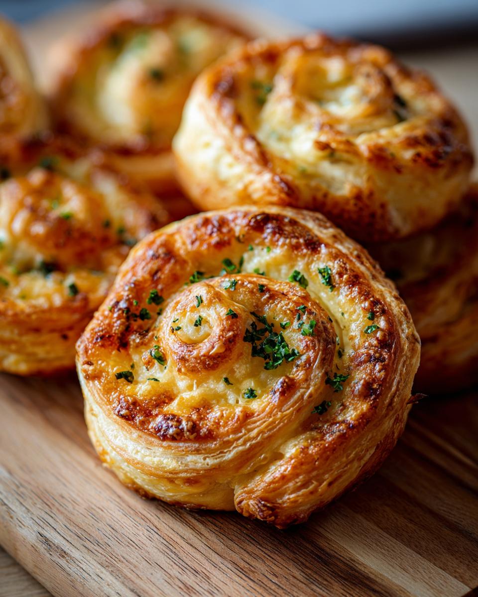 Close-up of golden brown puff pastry swirls, a delicious and easy party food, garnished with fresh herbs on a wooden board.
