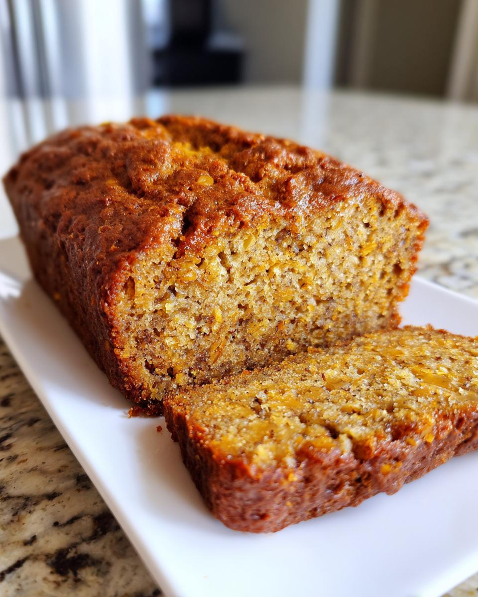 A close-up of a slice of moist pumpkin banana bread on a white plate, showcasing its texture and warm color.