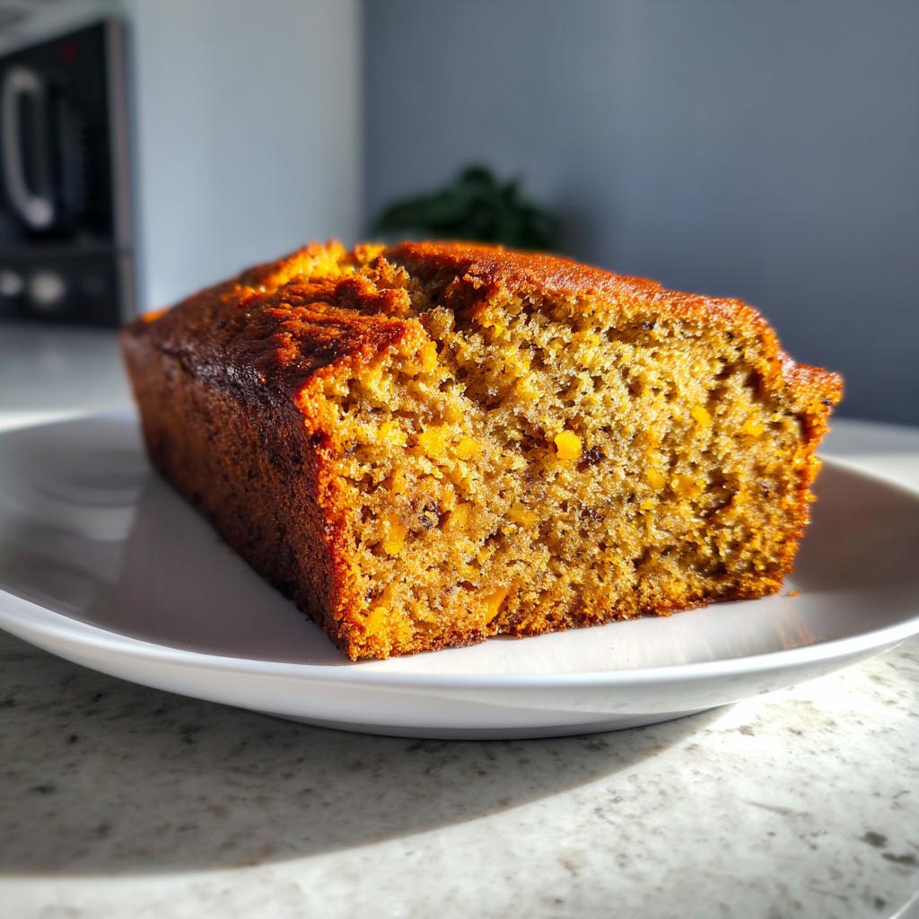 A slice of moist Pumpkin Banana Bread on a white plate, showcasing its rich texture and orange hues.
