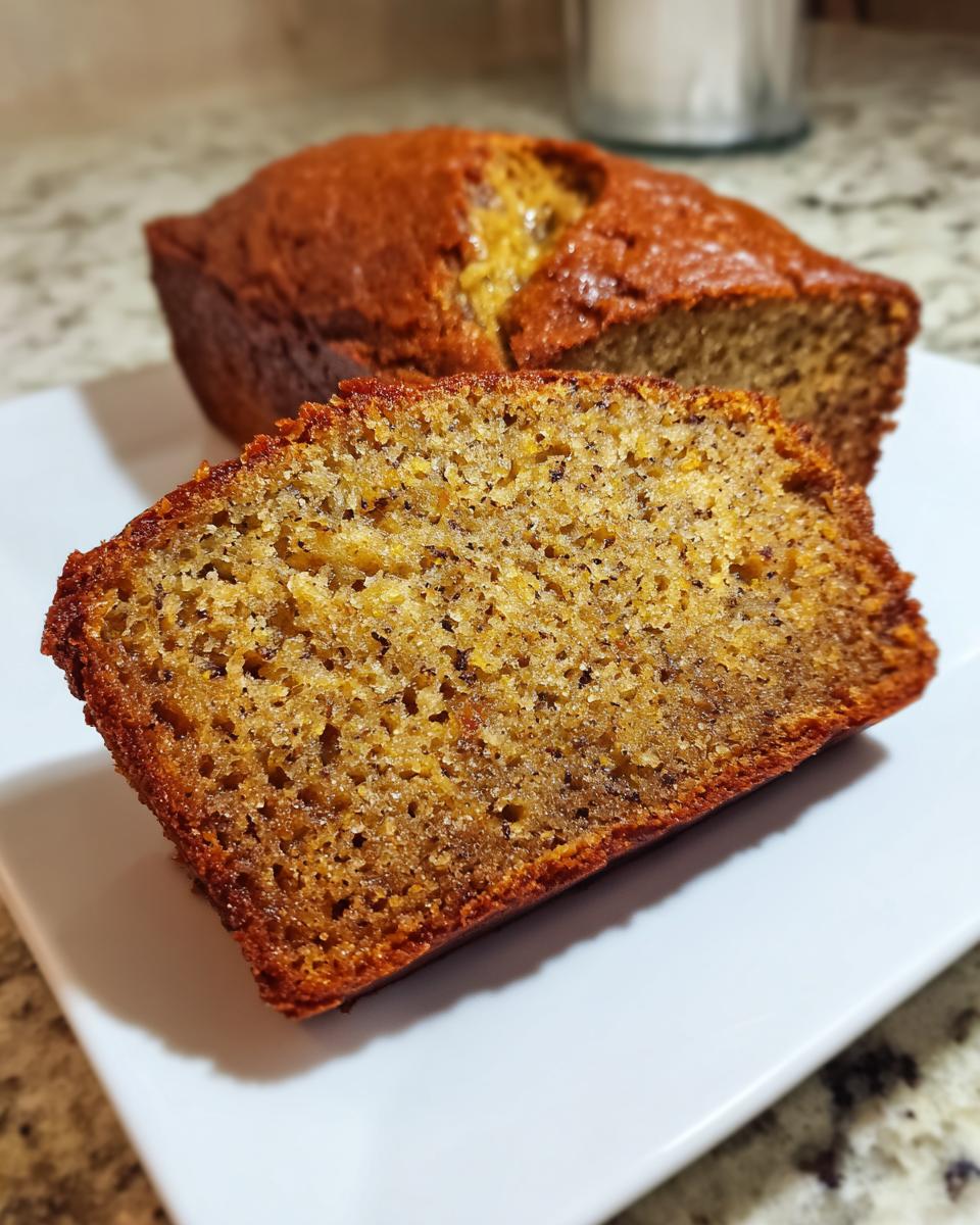 Close-up of a moist slice of Pumpkin Banana Bread on a white plate, showing its texture and dark flecks.
