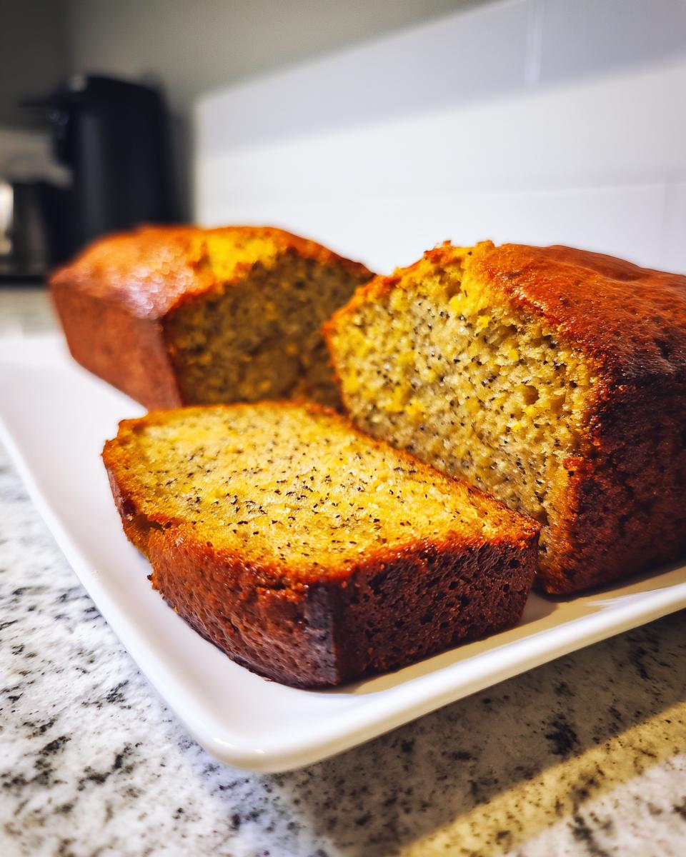 Close-up of moist Pumpkin Banana Bread slices on a white platter, showing the texture and poppy seeds.