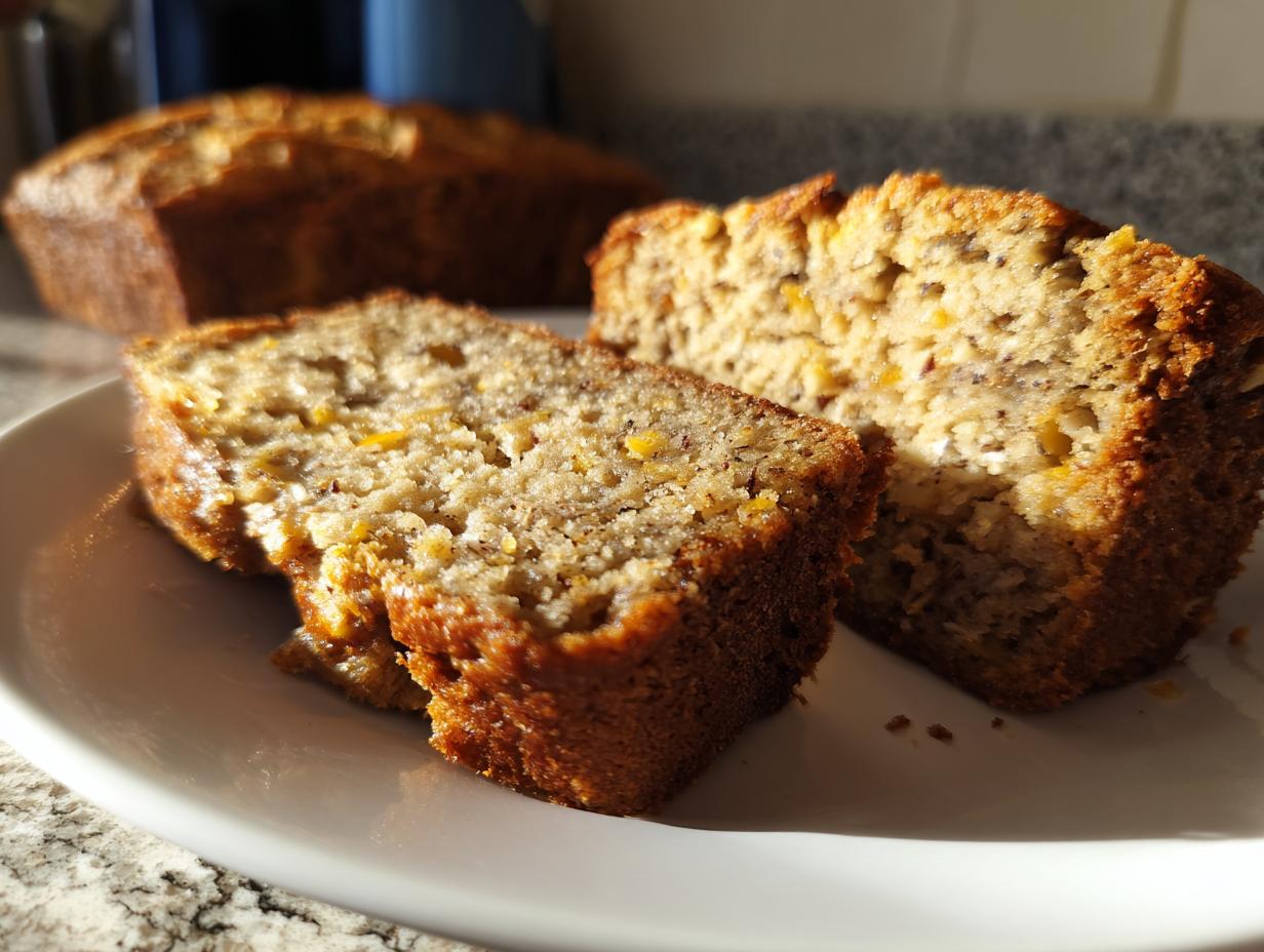 Close-up of moist Pumpkin Banana Bread slices on a white plate, showcasing the texture and ingredients.