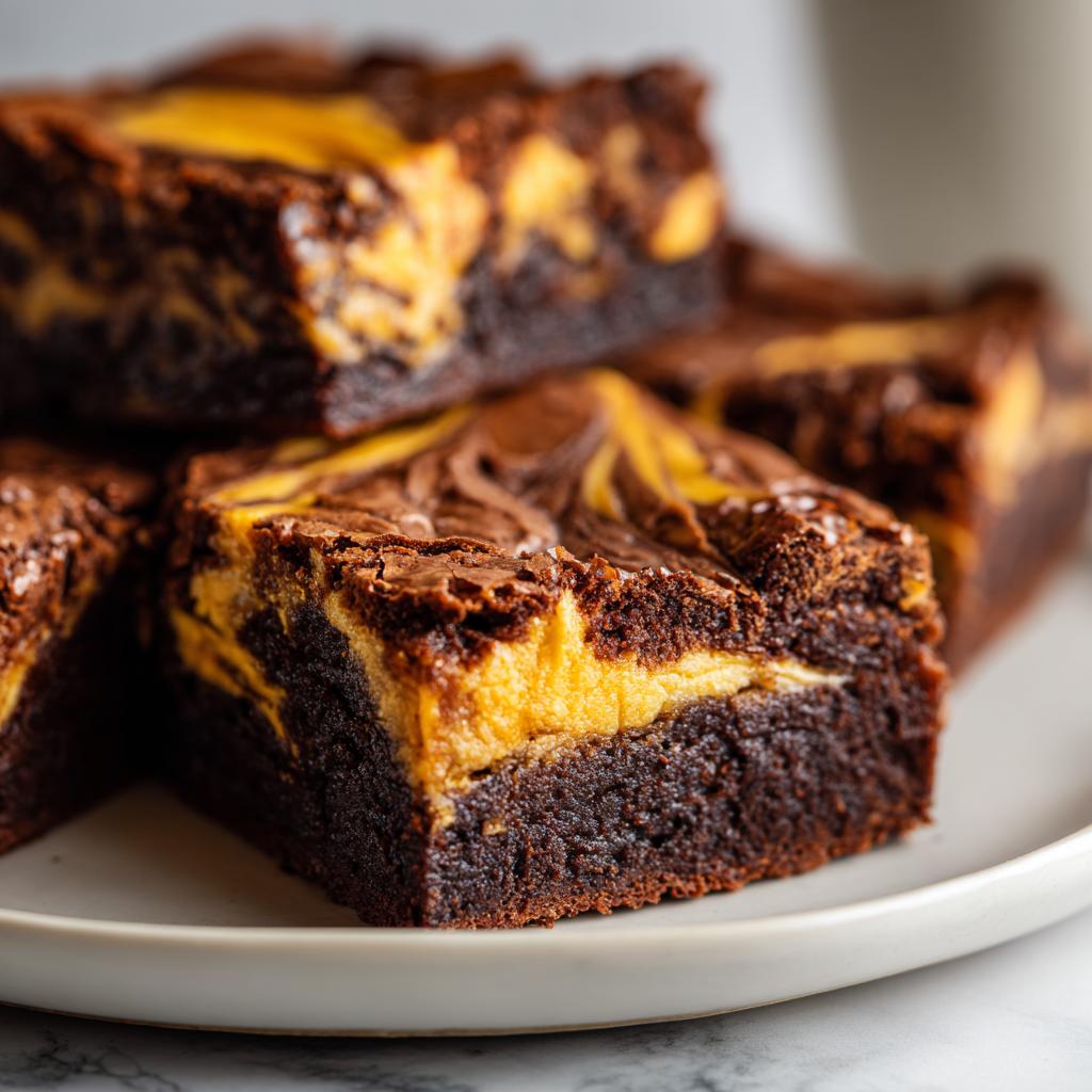 A stack of delicious Pumpkin Cream Cheese Swirl Brownies on a white plate, showcasing the pumpkin and chocolate layers.