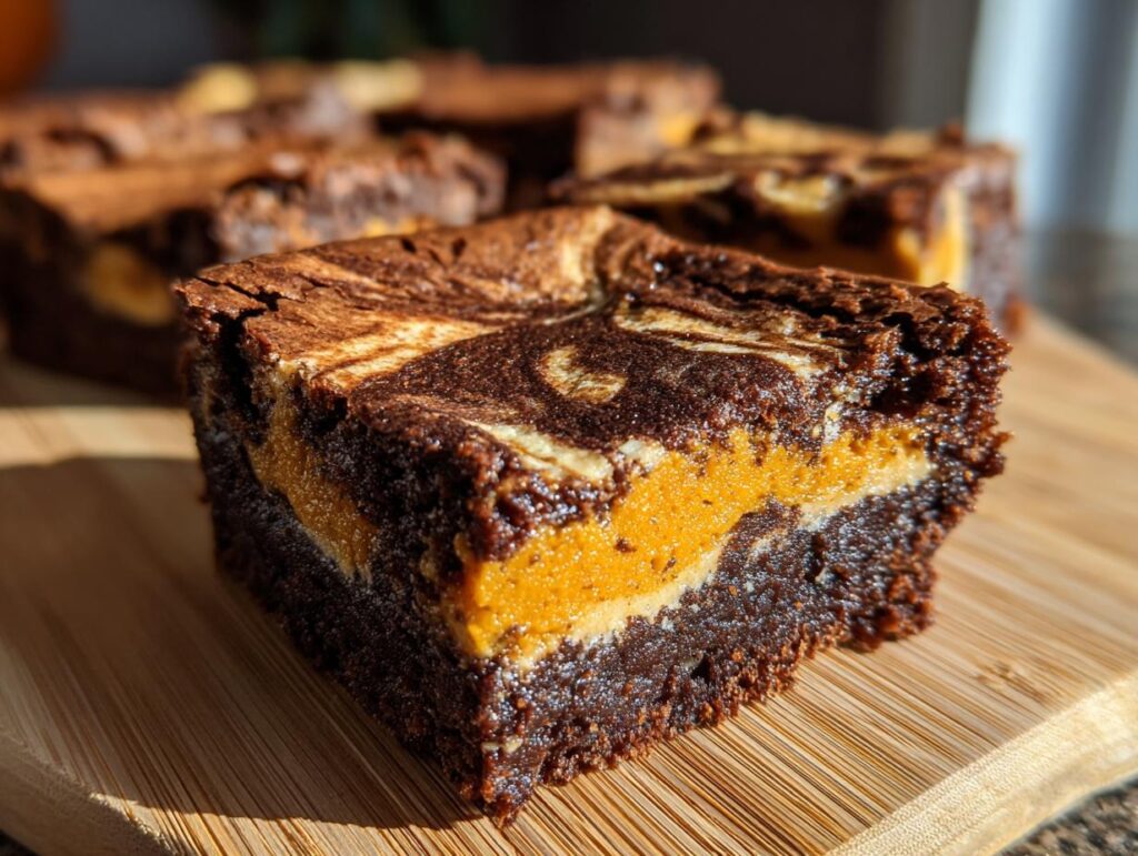 A close-up of Pumpkin Cream Cheese Swirl Brownies on a wooden board, showing the swirl and pumpkin layer.