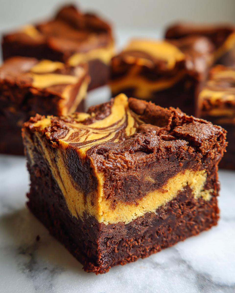 A close-up of Pumpkin Cream Cheese Swirl Brownies, showcasing the swirl pattern and rich chocolate color.