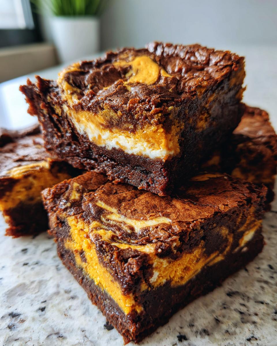 A stack of delicious Pumpkin Cream Cheese Swirl Brownies, showcasing the layers and swirl pattern.