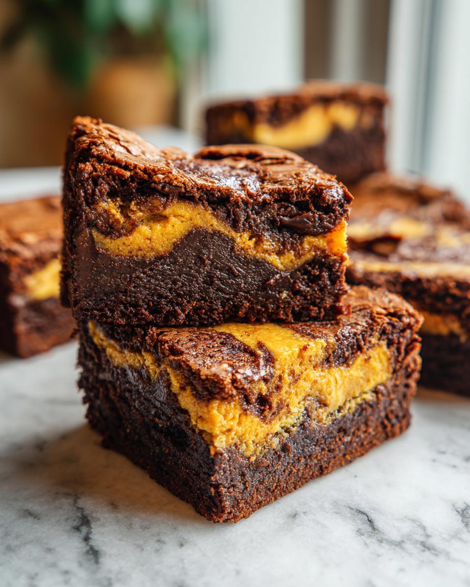 Close-up of stacked Pumpkin Cream Cheese Swirl Brownies showing the pumpkin and chocolate layers.