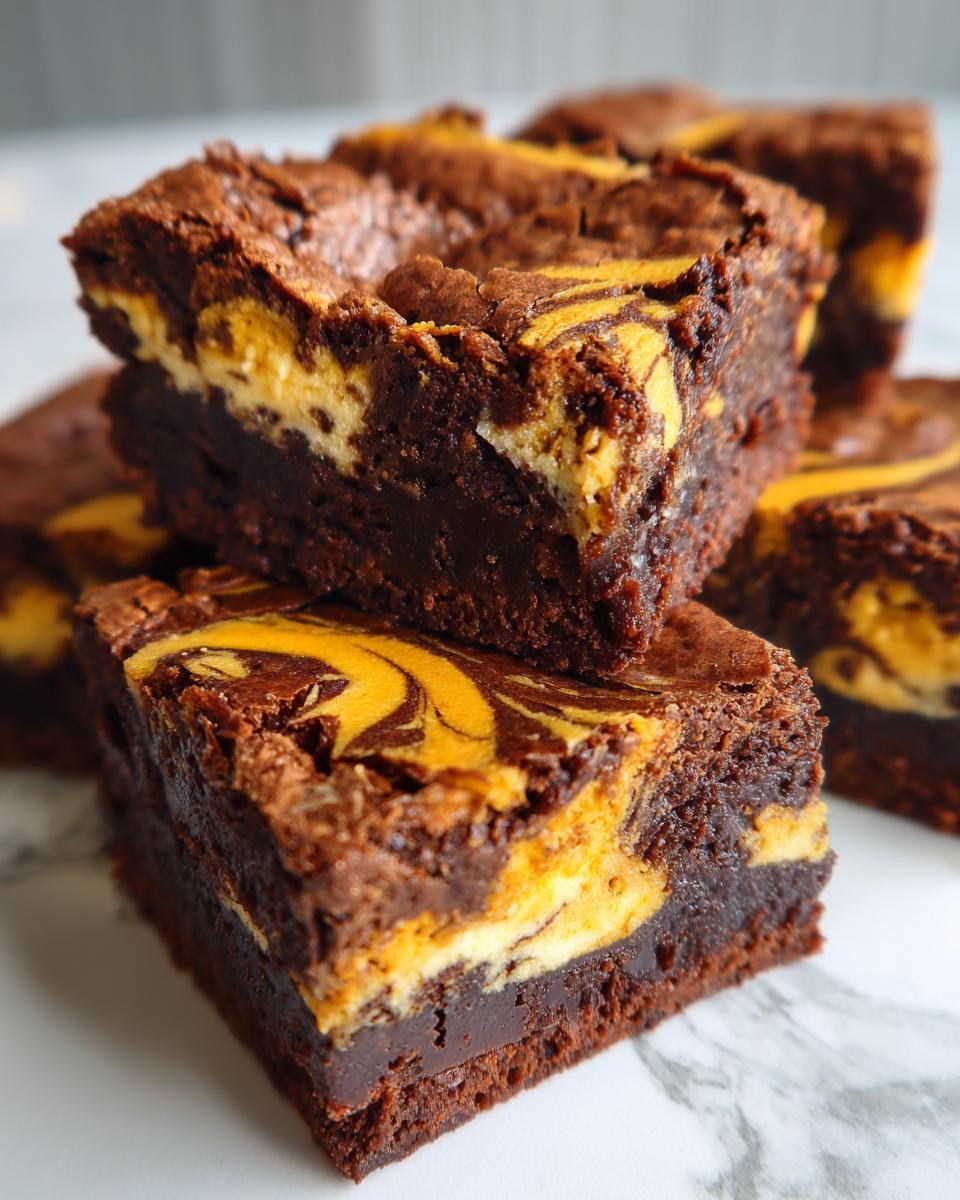 A stack of delicious Pumpkin Cream Cheese Swirl Brownies with a rich, swirled topping.