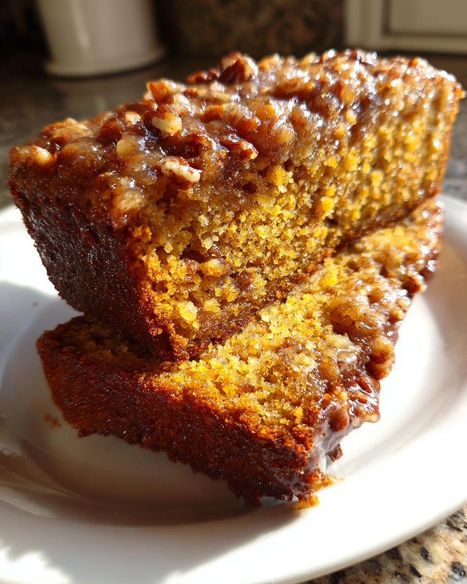 Close-up of two slices of moist Pumpkin Pecan Bread, topped with a glistening glaze and chopped pecans.