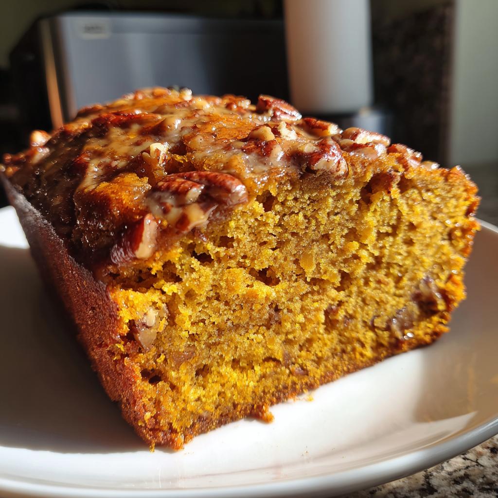 A close-up of a slice of moist Pumpkin Pecan Bread, topped with glaze and chopped pecans.