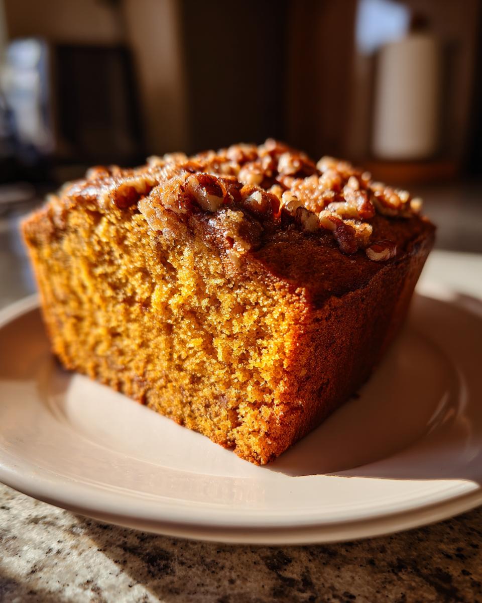 A close-up of a moist slice of Pumpkin Pecan Bread topped with crunchy pecans, set on a plate.