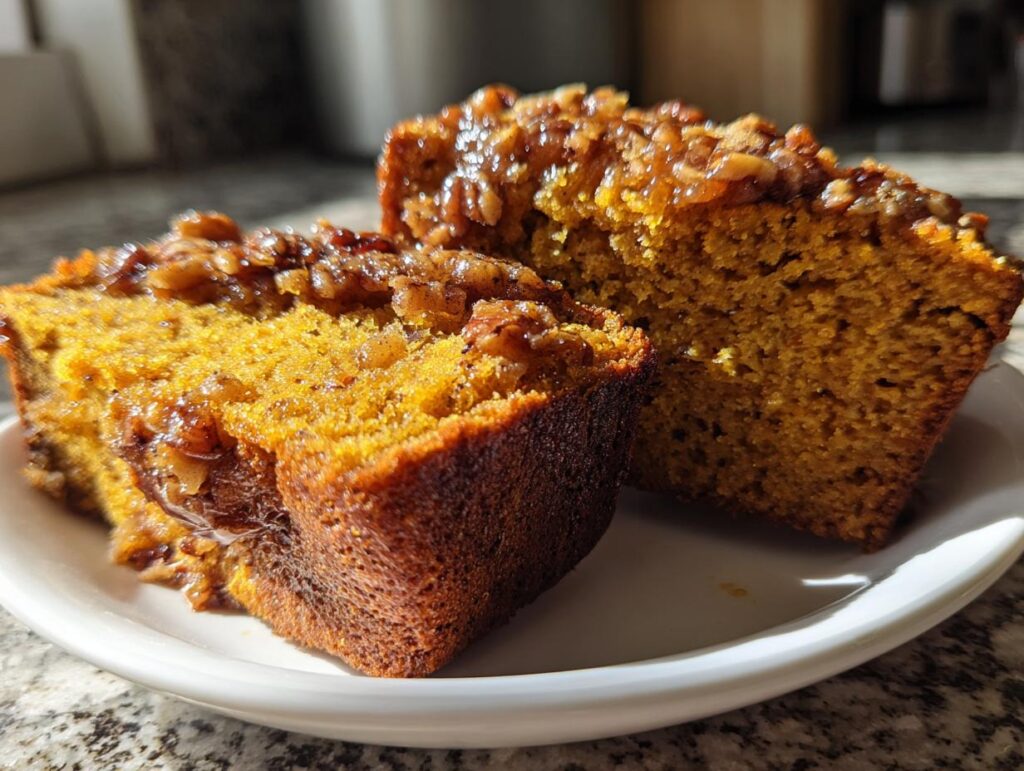 Close-up of two slices of moist Pumpkin Pecan Bread with a glistening pecan topping on a white plate.