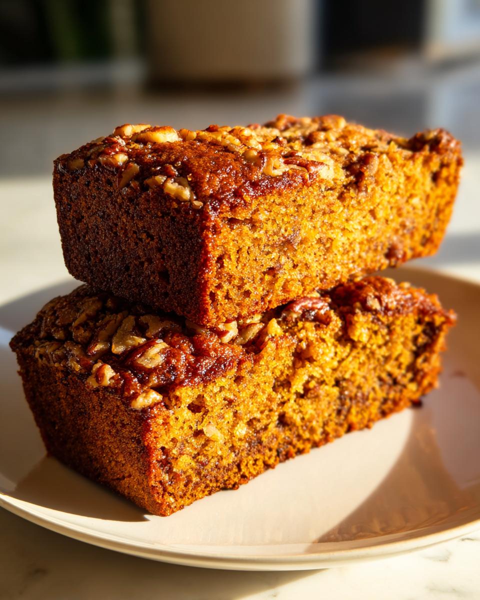 Two delicious slices of Pumpkin Pecan Bread stacked on a plate, topped with chopped pecans.
