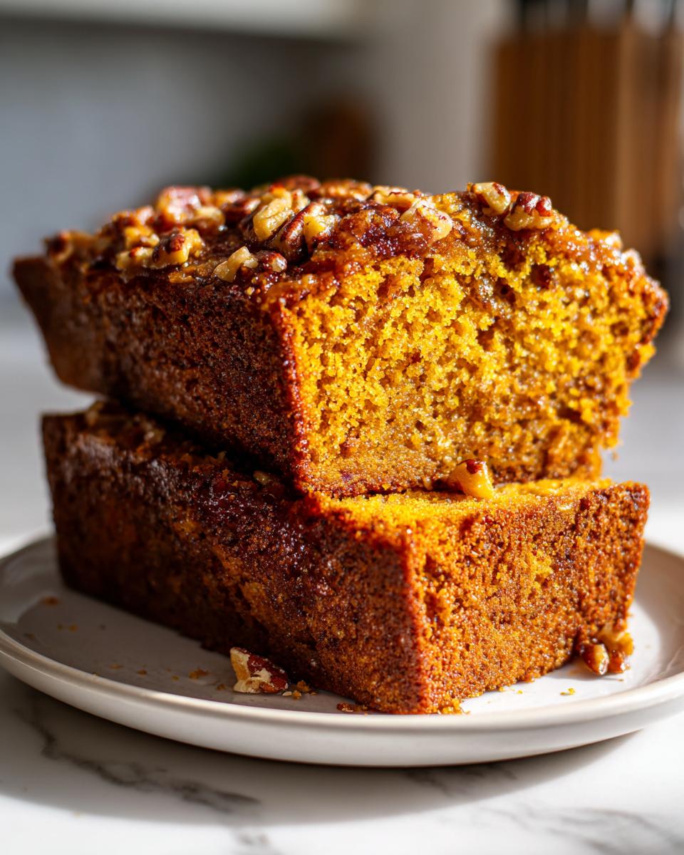 Two slices of moist Pumpkin Pecan Bread stacked on a plate, topped with chopped pecans.