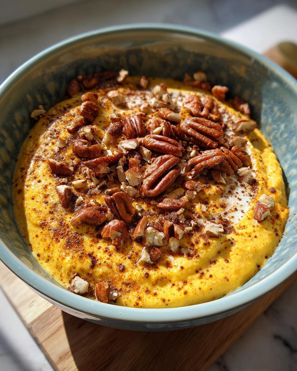 Bowl of pumpkin pudding topped with pecans and cinnamon, a delicious high protein fall snack.