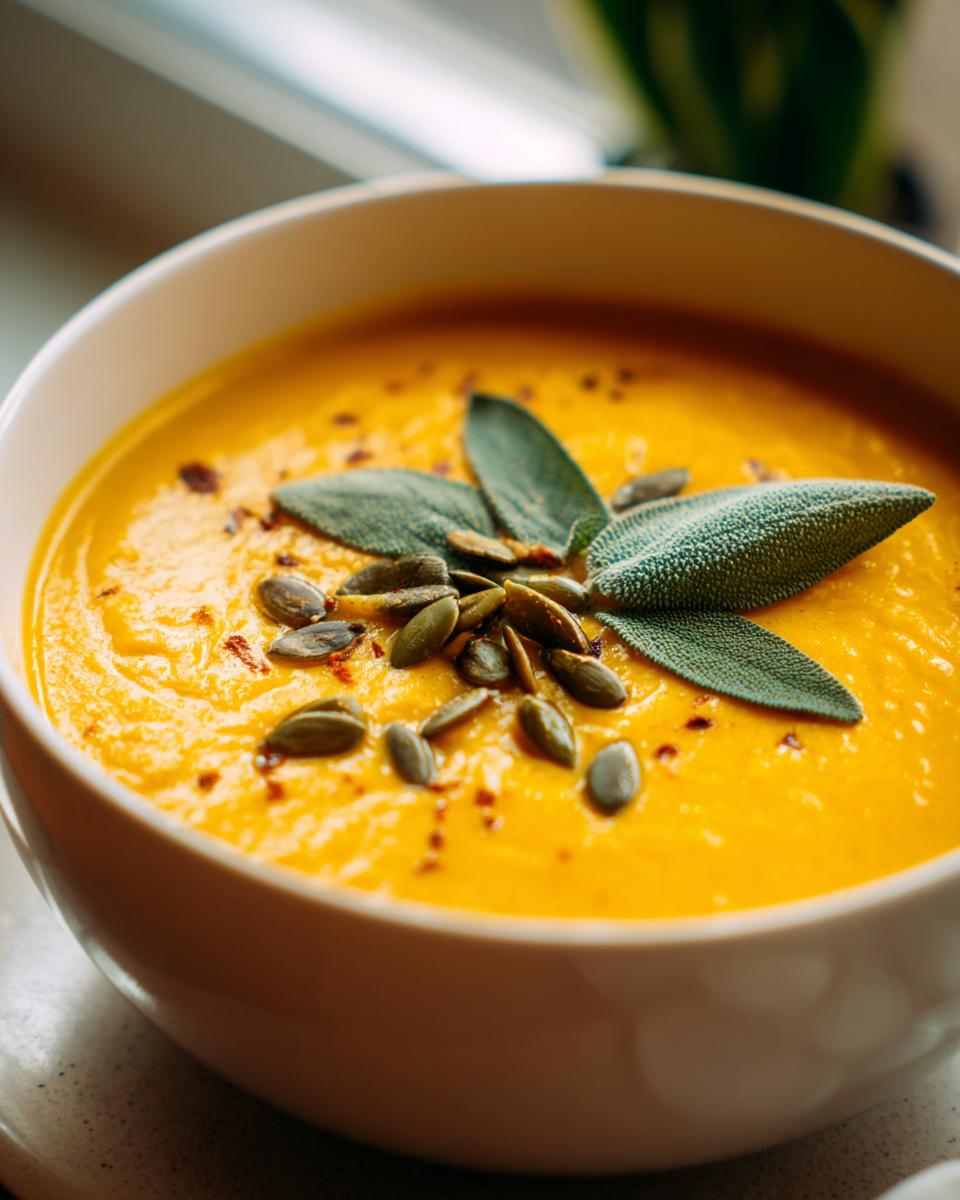 A bowl of vibrant pumpkin soup, a perfect addition to fall soup recipes, garnished with sage and pumpkin seeds.