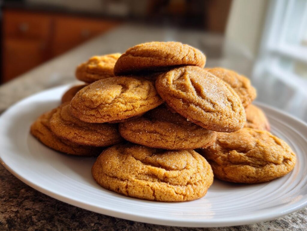 A stack of soft, homemade pumpkin spice desserts cookies on a white plate, ready to be enjoyed.