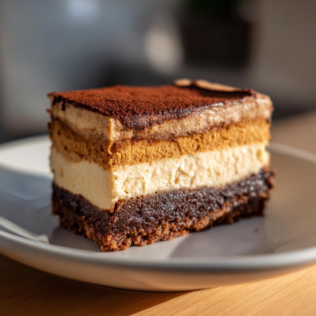 A slice of Pumpkin Spice Espresso Cheesecake with layers of crust, cream, and cocoa powder.