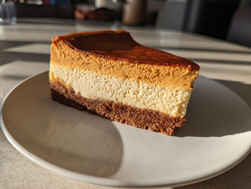 A slice of Pumpkin Spice Espresso Cheesecake with a graham cracker crust, creamy filling, and pumpkin spice topping.