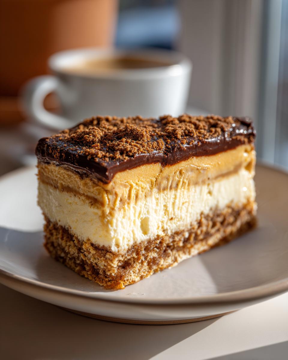 A slice of Pumpkin Spice Espresso Cheesecake with chocolate ganache and a cup of coffee in the background.