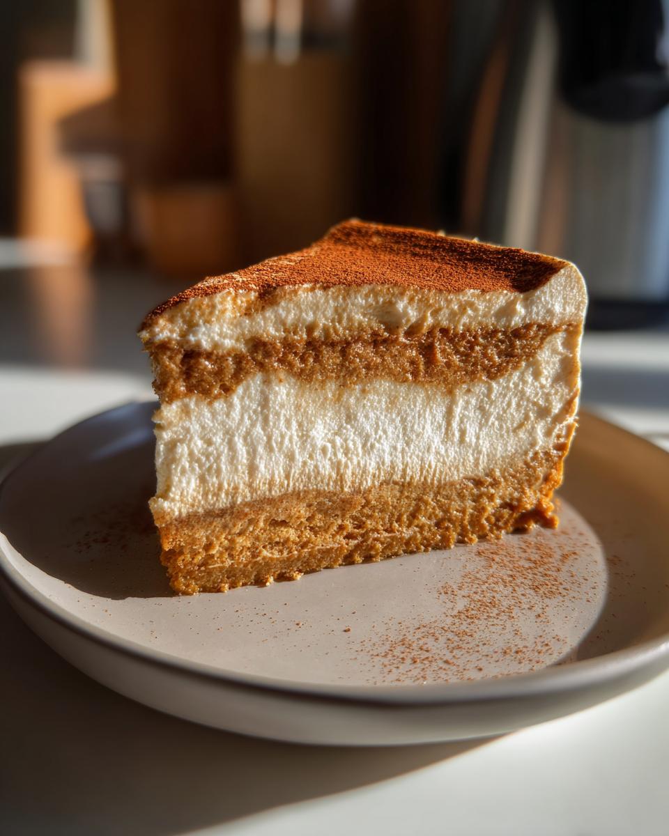 A slice of Pumpkin Spice Espresso Cheesecake with layers of cream and espresso, dusted with spice.