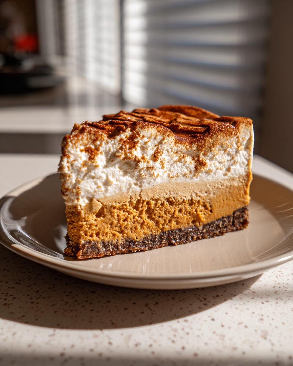 A slice of Pumpkin Spice Espresso Cheesecake with layers of crust, pumpkin filling, espresso cheesecake, and whipped topping.