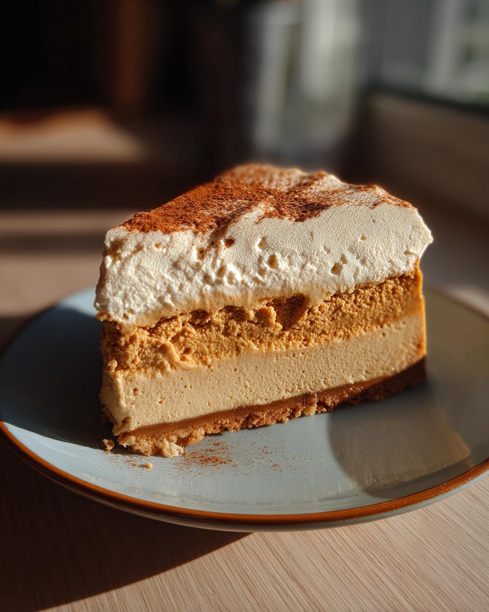 A slice of Pumpkin Spice Espresso Cheesecake with a graham cracker crust, pumpkin filling, and whipped topping.