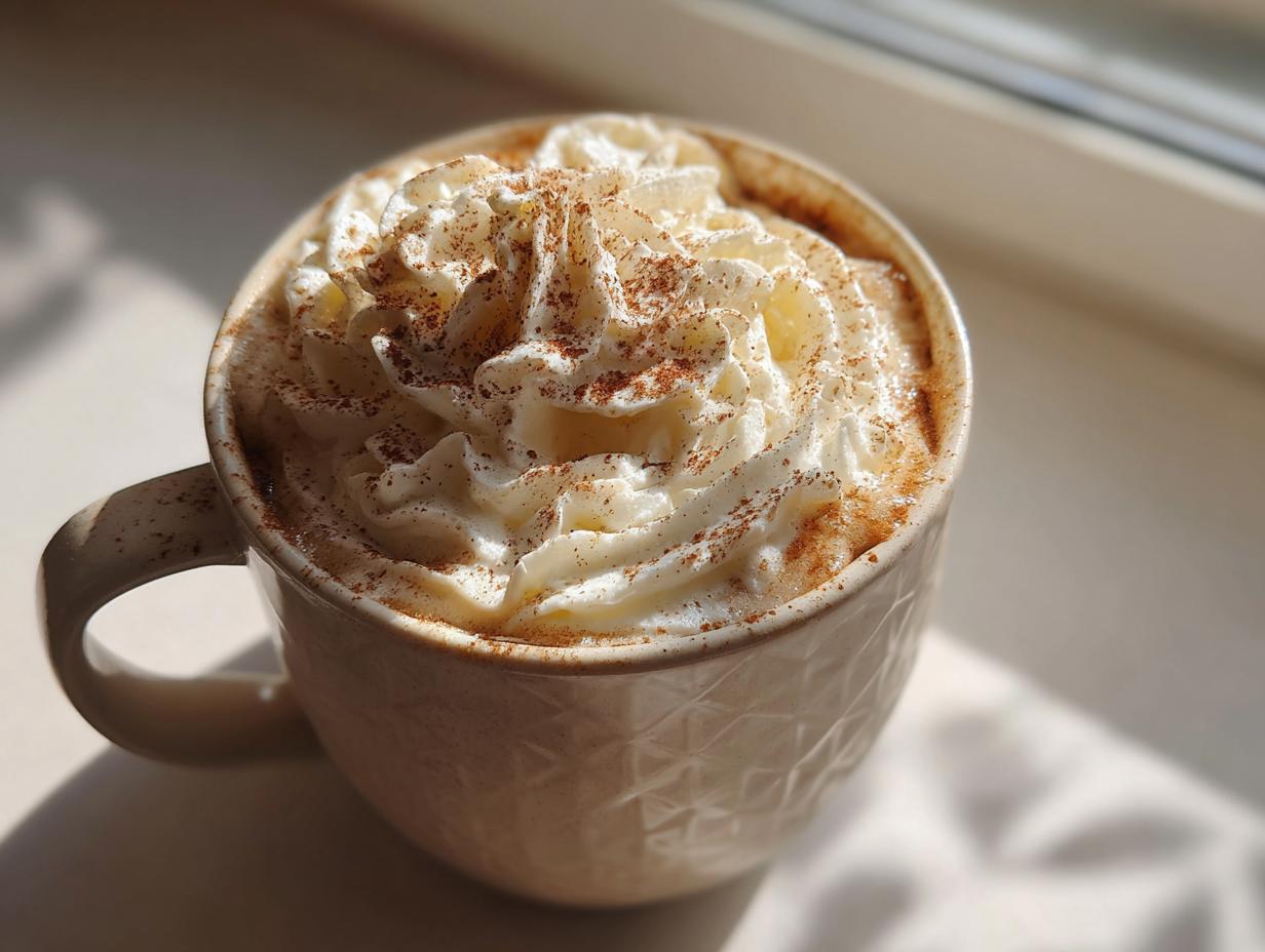 Close-up of a creamy Pumpkin Spice Latte topped with whipped cream and a sprinkle of cinnamon.