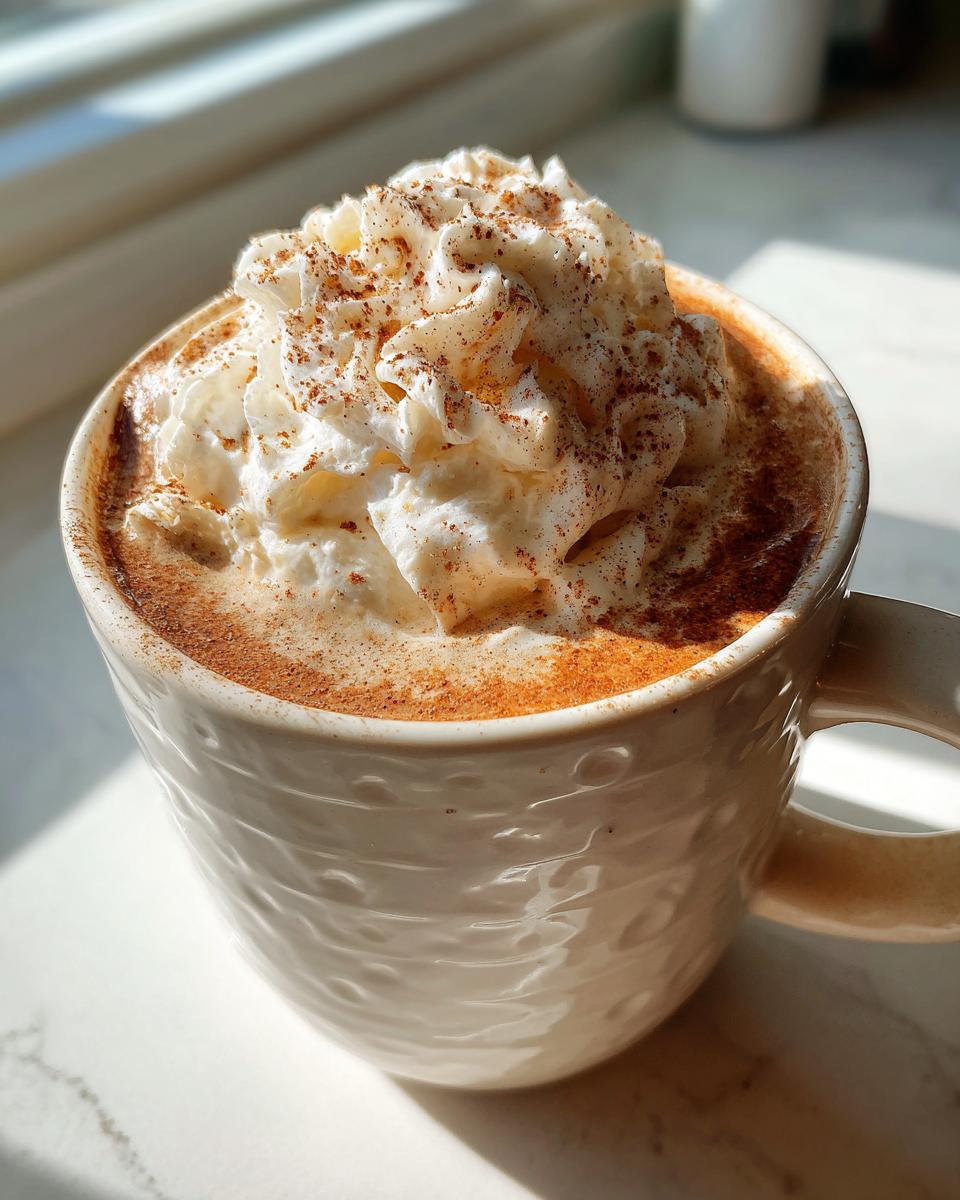 A close-up of a creamy Pumpkin Spice Latte topped with whipped cream and a sprinkle of cinnamon.